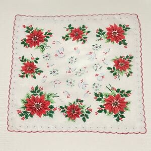 Vintage Linen Christmas Hankie Handkerchief Bandanna 14” Wide Hanky